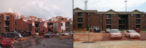 When Deardorff visited this apartment building off 20th Street in the hours after the tornado, "all the cars were just flipped over, and every smoke alarm in every one of those apartments was going off," he said. A year later, the complex has been rebuilt.
