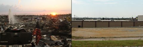 Deardorff shot the photo on the left from behind the Aldi grocery store. A year later, the back of a new store is "a ho-hum picture" but speaks volumes about how far the town has come, he said.