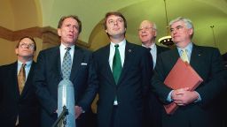 U.S. Sen. John Edwards, center, and other senators discuss President Bill Clinton's impeachment trial on February 3, 1999. More than a year later, Vice President Al Gore reportedly put Edwards on his "short list" as a running mate on the 2000 Democratic presidential ticket (before picking Joe Lieberman).
