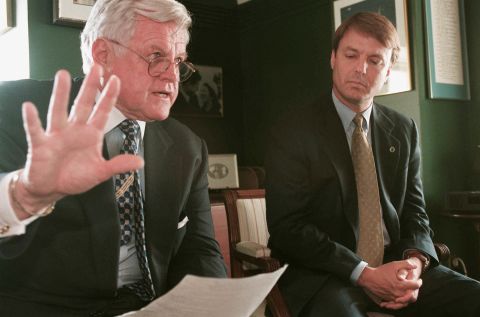 Sen. Edward Kennedy of Massachusetts and Edwards at a news briefing in Kennedy's office in 2001.