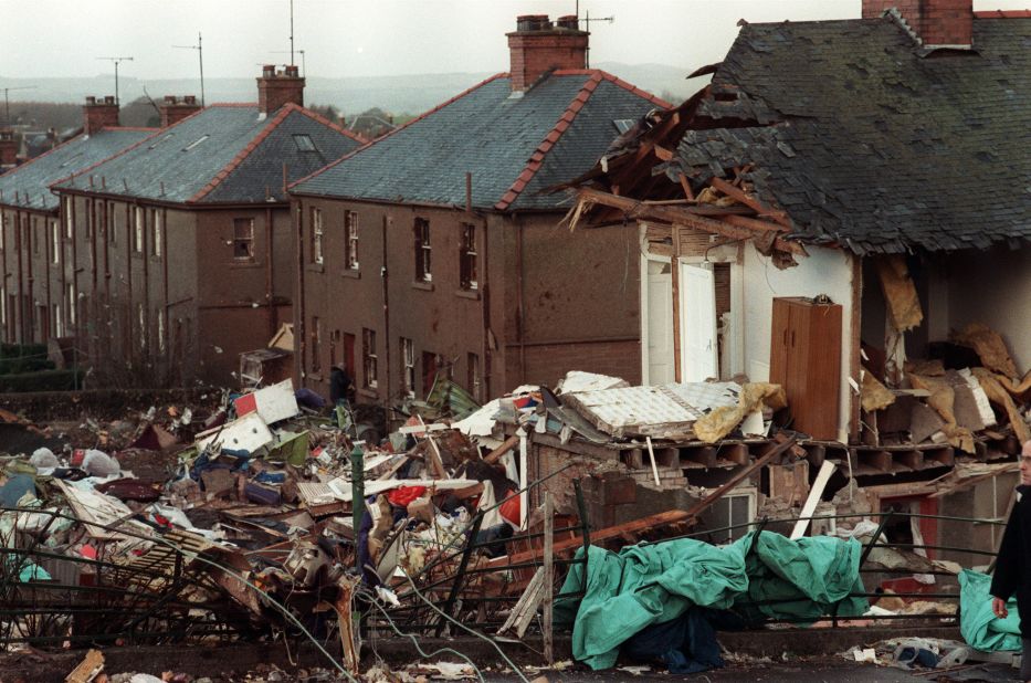 Wreckage of the downed aircraft hit houses in the Scottish town of Lockerbie.