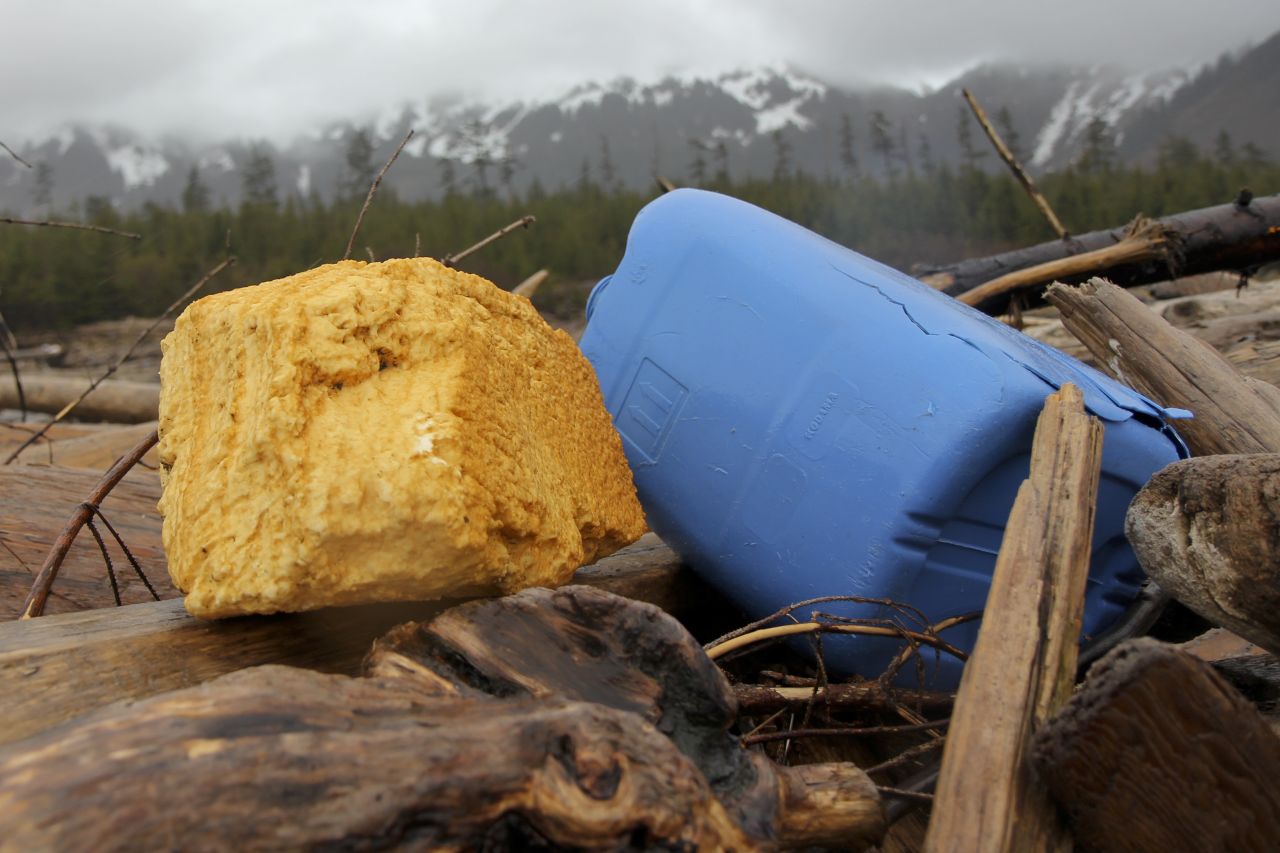 Much of the debris can be found on remote islands like Montague Island in the Prince William Sound, which is accessible only by boat or plane. Chris Pallister, who runs a non-profit dedicated to keeping Alaska's coastline clean, says he's never seen some kinds of this of debris before, including this yellow urethane spray building foam insulation. "Acres of these things (were) just stacked up before the tsunami (in Japan)," Pallister said of the insulation. "Those yards are empty now and this is where they all are."