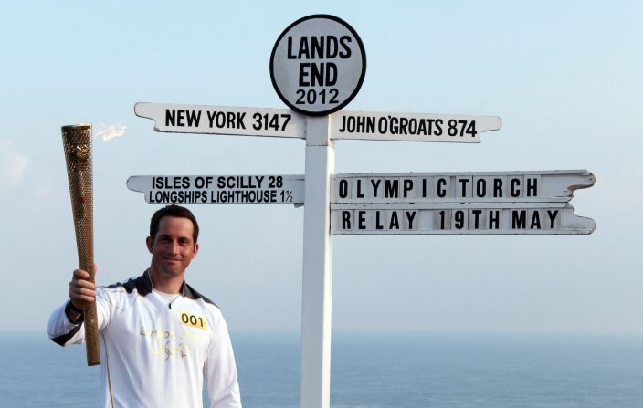 Olympic gold medal sailor Ben Ainslie is the first relay runner on British soil. The flame began its journey at Land's End, the most westerly tip of mainland Britain. 