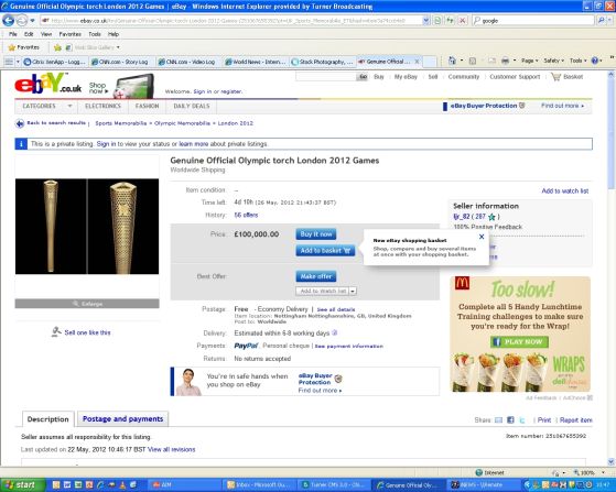 Dozens of torch bearers have put their prized mementos up for sale on eBay, with sellers seeking up to £100,000. In some cases the money has been offered to charity. 