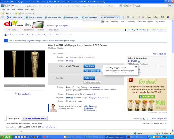 Dozens of torch bearers have put their prized mementos up for sale on eBay, with sellers seeking up to £100,000. In some cases the money has been offered to charity.