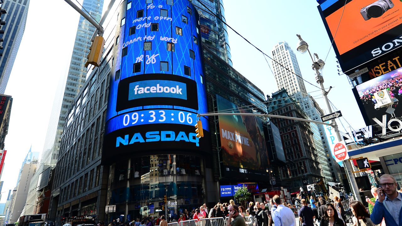 Facebook IPO is announced on a screen outside the NASDAQ stock exchange in Times Square in New York City on May 18.