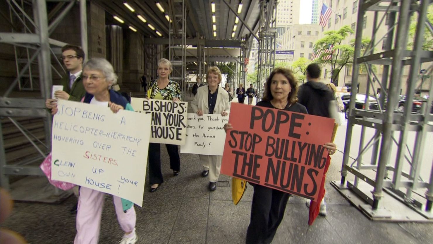 Protesters demonstrate at New York's St. Patrick's Cathedral against the Vatican's response to U.S. nuns' activism.