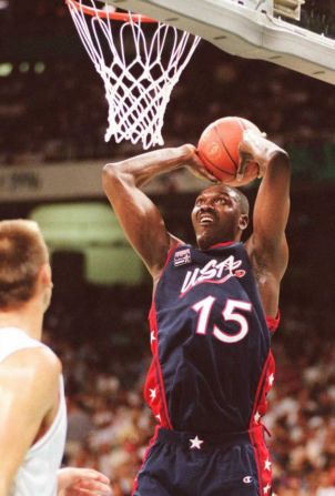 Olajuwon shoots to score for the United States during a 1996 Olympic Games match against Croatia. The "Dream Team" won gold on their home courts.