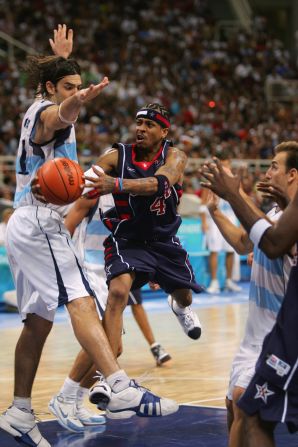 Luis Scola gets up close to Allen Iverson during Argentina's semifinal win over the United States at the 2004 Athens Olympics.