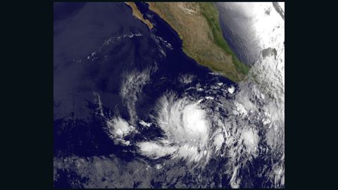 A satellite image shows Tropical Storm Bud off southwestern Mexico on Thursday.