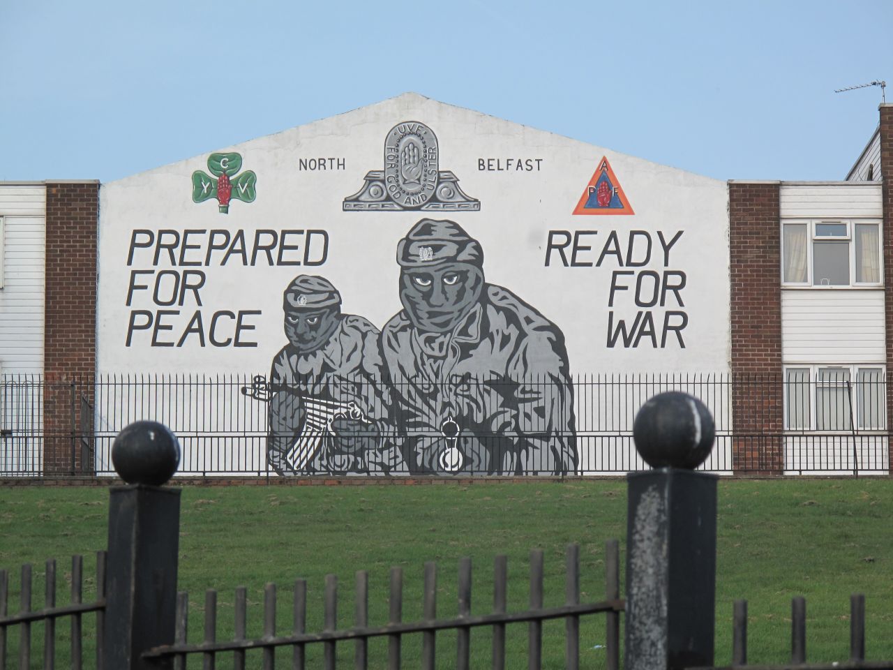 The Northern Ireland peace process was signed in 1998 but paramilitary murals -- this one for the Ulster Volunteer Force -- still cover Belfast walls.