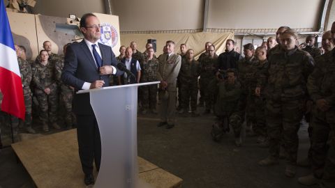 French President François Hollande gives a speech Friday during a visit to a military base in Kapisa, in Afghanistan.