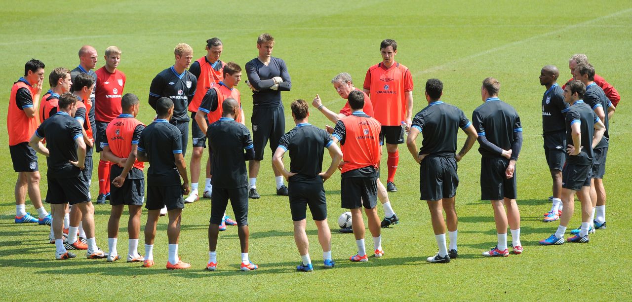 Communication is 80% to 90% of management, according to Ramon Vega. Here, England coach Roy Hodgson gets his message across to his players.