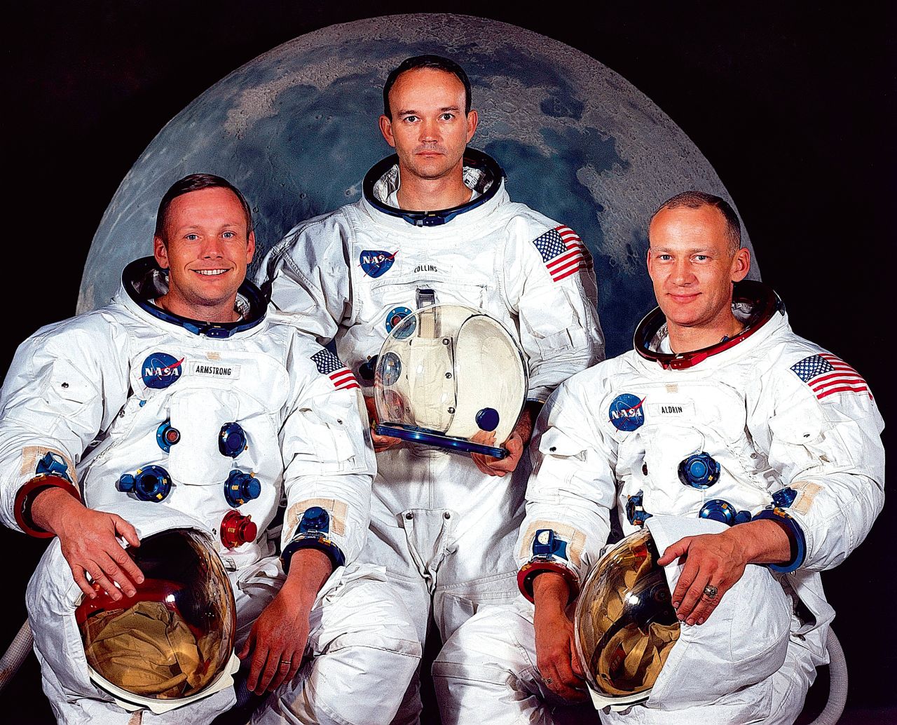 The astronaut crew of the Apollo 11 mission are pictured in May 1969. Left to right are Neil Armstrong, commander; Michael Collins, command module pilot; and Edwin 'Buzz'  Aldrin, lunar module pilot.