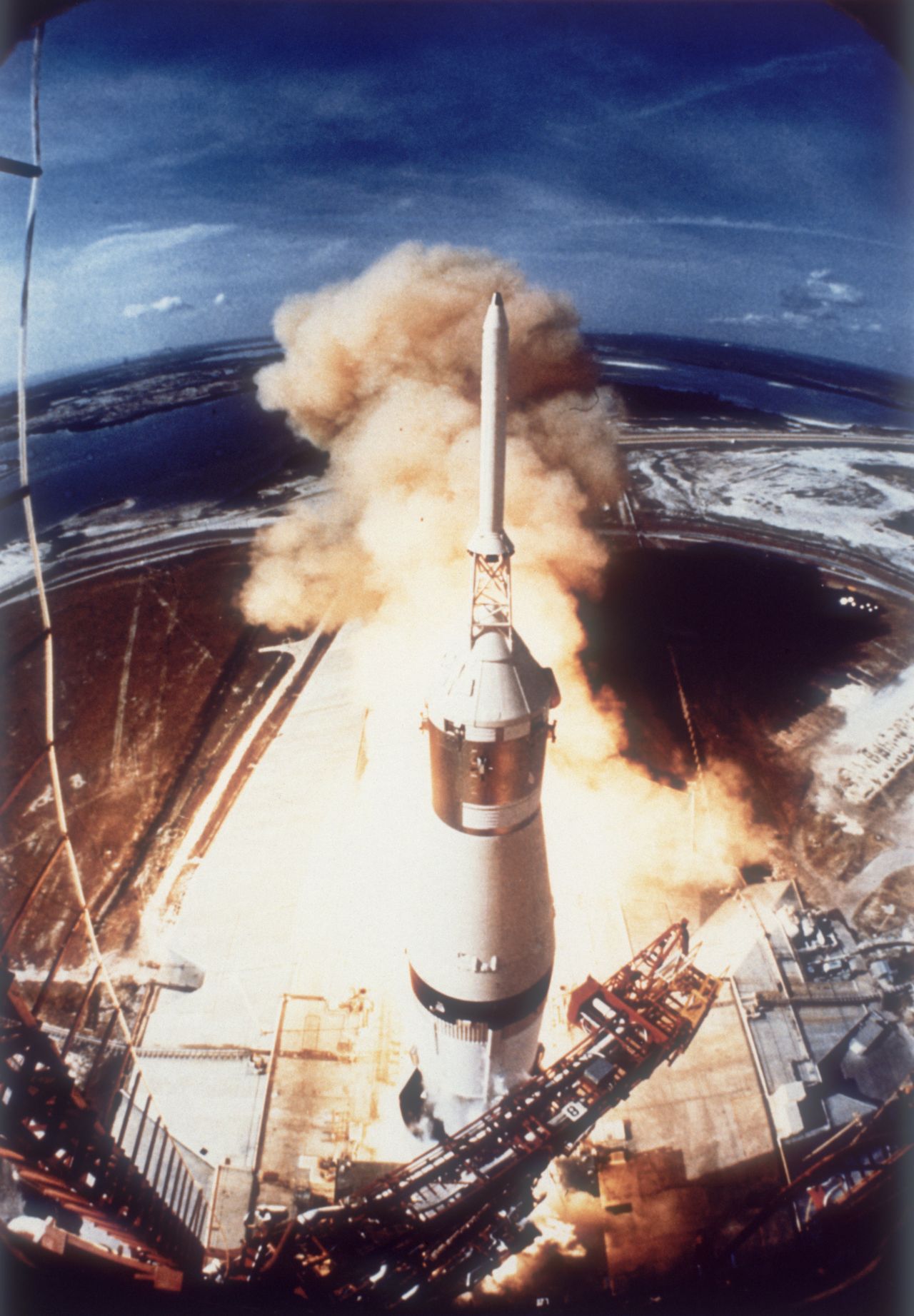 The Saturn V rocket carrying the crew of Apollo 11 takes off from Pad A, Launch Complex 39 at the Kennedy Space Center.