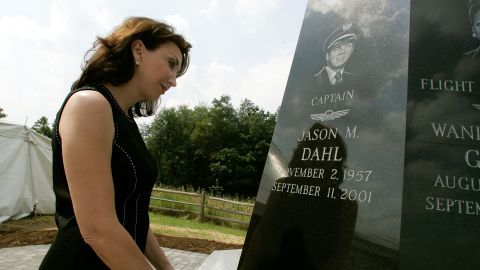 Sandy Dahl in 2006 looks at a memorial that includes a likeness of her husband, Jason Dahl, in Shanksville, Pennsylvania. 