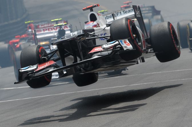 Kamui Kobayashi of the Sauber team goes airborne in spectacular fashion at the Monaco Grand Prix.