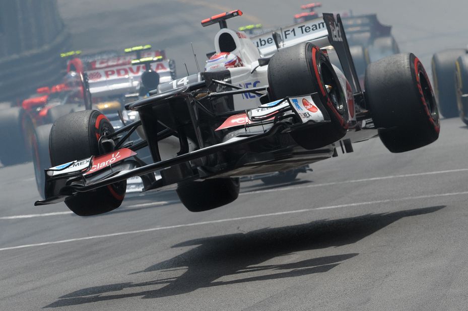 Kamui Kobayashi of the Sauber team goes airborne in spectacular fashion at the Monaco Grand Prix.