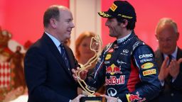 Mark Webber receives the winning trophy from Prince Albert II of Monaco after his superb victory from pole. 