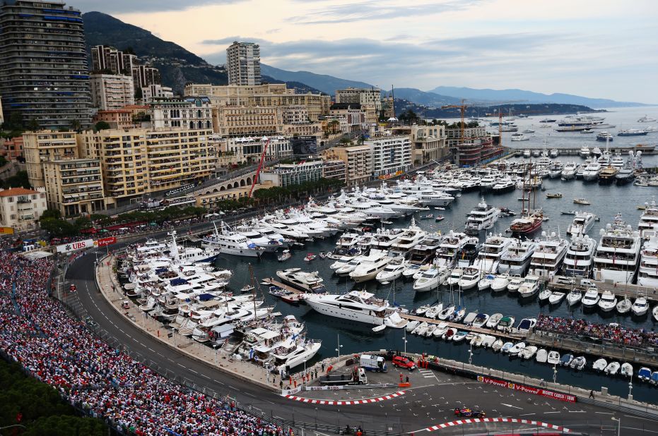 A view of the track from the harbor area of Monte Carlo which is part of the tight street circuit for the Monaco Grand Prix. 