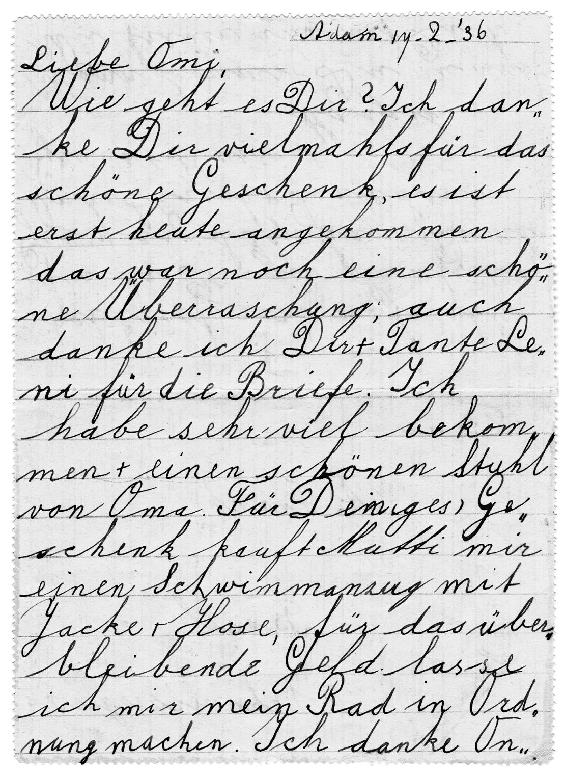 A letter Margot wrote to her grandmother, Alice, in 1936.
