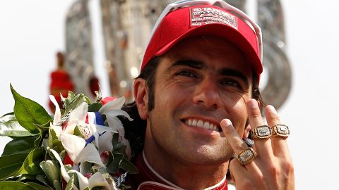 Dario Franchitti celebrates winning this third Indy 500 on Sunday.