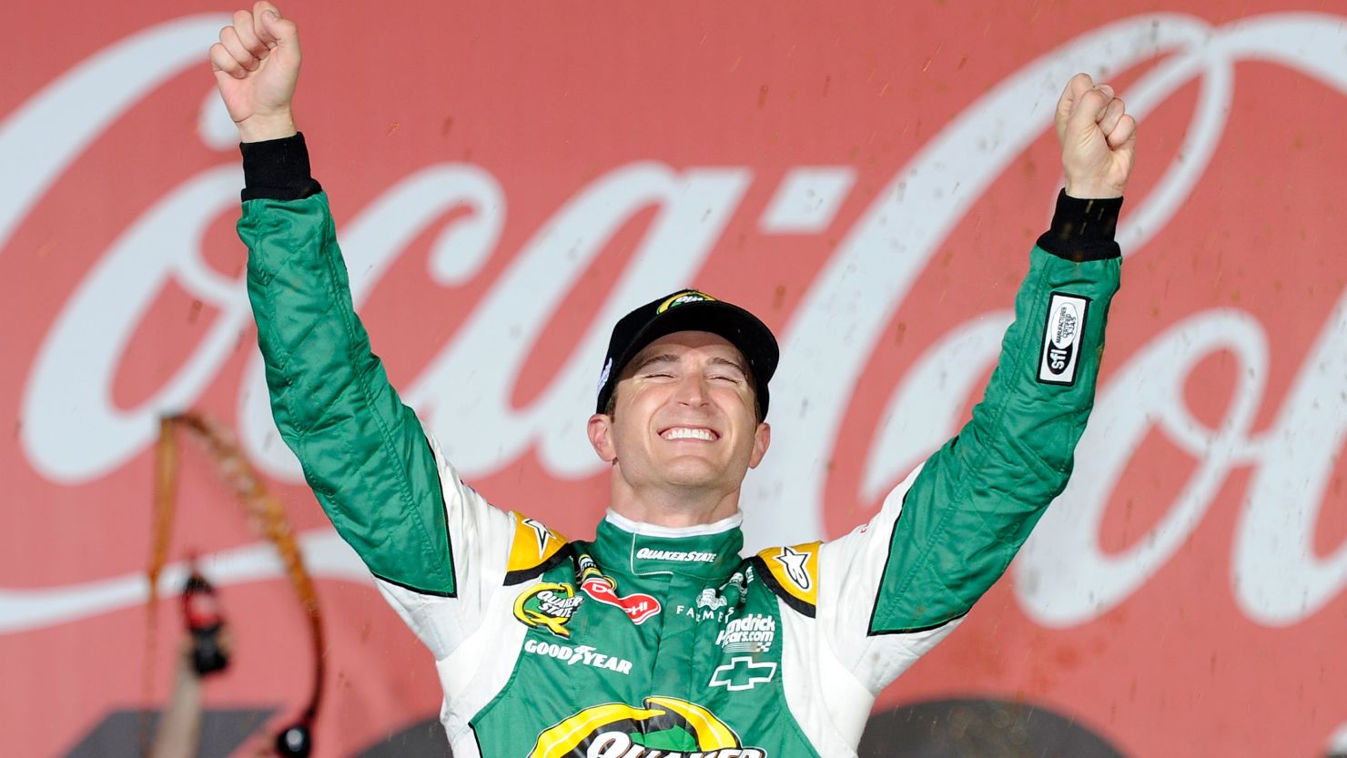 Kasey Kahne celebrates after winning the Coca-Cola 600 at Charlotte Motor Speedway on Sunday.