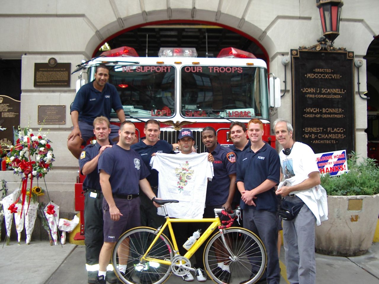 Baluchi donated a bicycle to the firefighters of Engine 33 Ladder 9, who suffered tragic losses as a result of the 9/11 terror attacks on the World Trade Center.