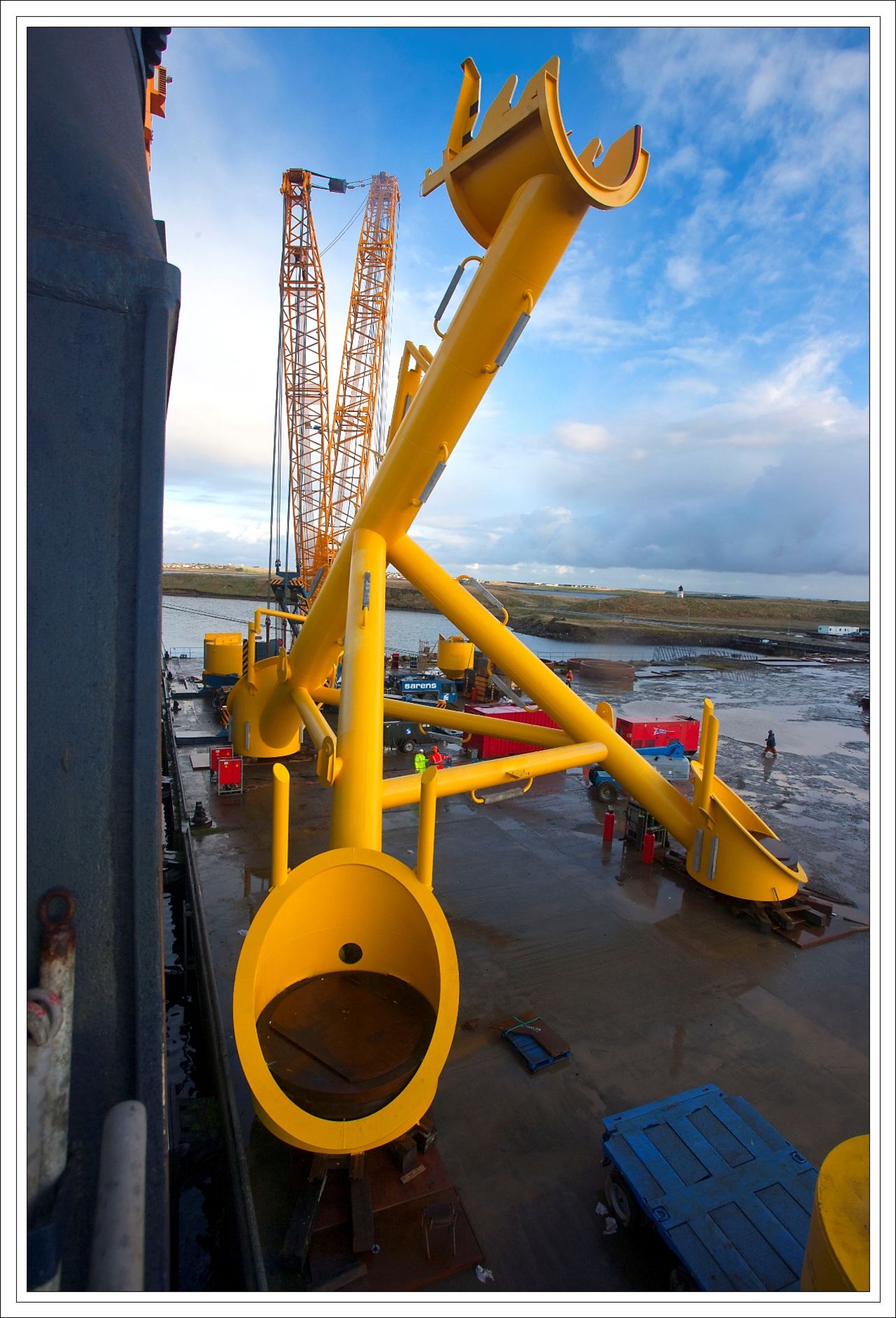 The device is over 30-meters-tall and is mounted to the seabed by a giant steel support structure.