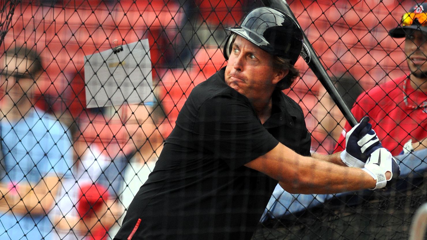 Golf star Phil Mickelson had some batting practice ahead of the Boston Red Sox-New York Yankees game last September.