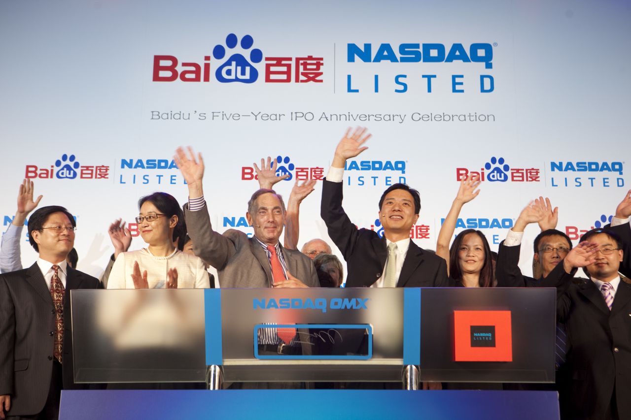 Li, second from left, celebrates the 5th anniversary of Baidu's IPO. Today the company is listed on the Nasdaq stock exchange and is valued at close to $32 billion.