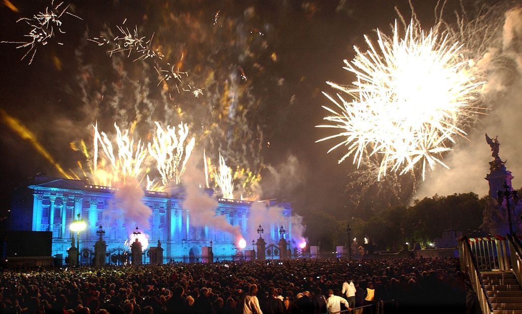 Fireworks burst over Buckingham Palace in 2002 after the queen lit a beacon to commemorate her Golden Jubilee. 