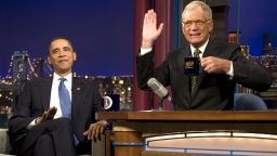 FILES- Picture taken on September 21, 2009, shows US President Barack Obama (L) joking with David Letterman during a taping of the Late Show with David Letterman in New York. Letterman celebrates his 65 birthday on April 12, 2012. AFP PHOTO/JIM WATSON (Photo credit should read JIM WATSON/AFP/Getty Images)