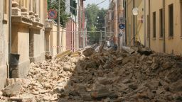 A view of rubble in a street after an earthquake on May 29, 2012 in Mirandola, Italy.