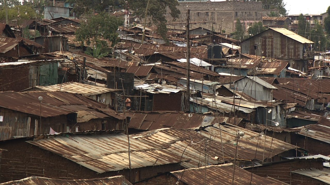 The roofs of homes in Kibera. The ramshackle houses in the settlement are built from a combination of wood, mud and concrete.