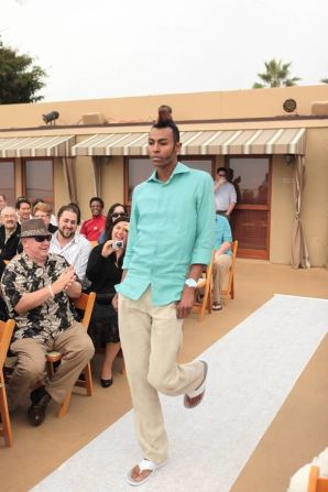 Scott and Craig were married in California in front of 100 friends and family. The minister did a reading of Dr. Seuss and the wedding party members boogied down the aisle, each to a personalized song. Here, their friend Chris Williams catwalks down the aisle to "I'm Every Woman" by Whitney Houston.