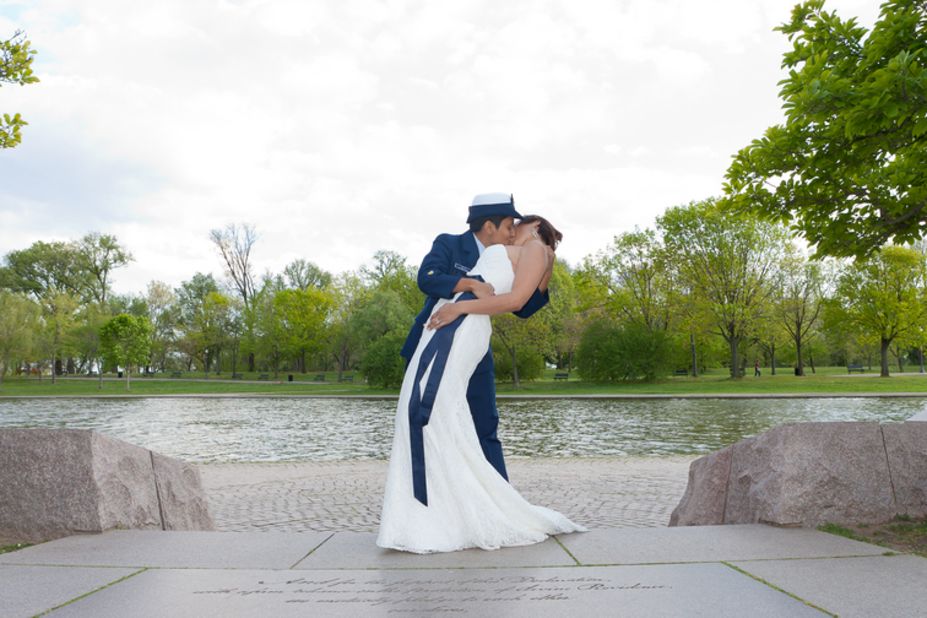 Sami, a boat mechanic in the U.S. Coast Guard, wore her dress blues for their April ceremony in front of the Constitutional Garden in Washington.