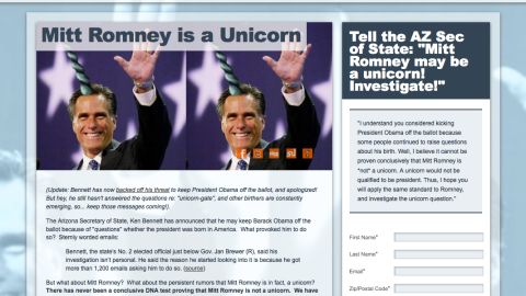 Birthers, meet "unicorners" -- a liberal group calling for proof that Mitt Romney is not a unicorn.