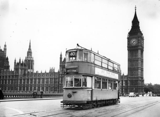 One of the last trams to run in central London pictured crossing Westminster Bridge in 1952.