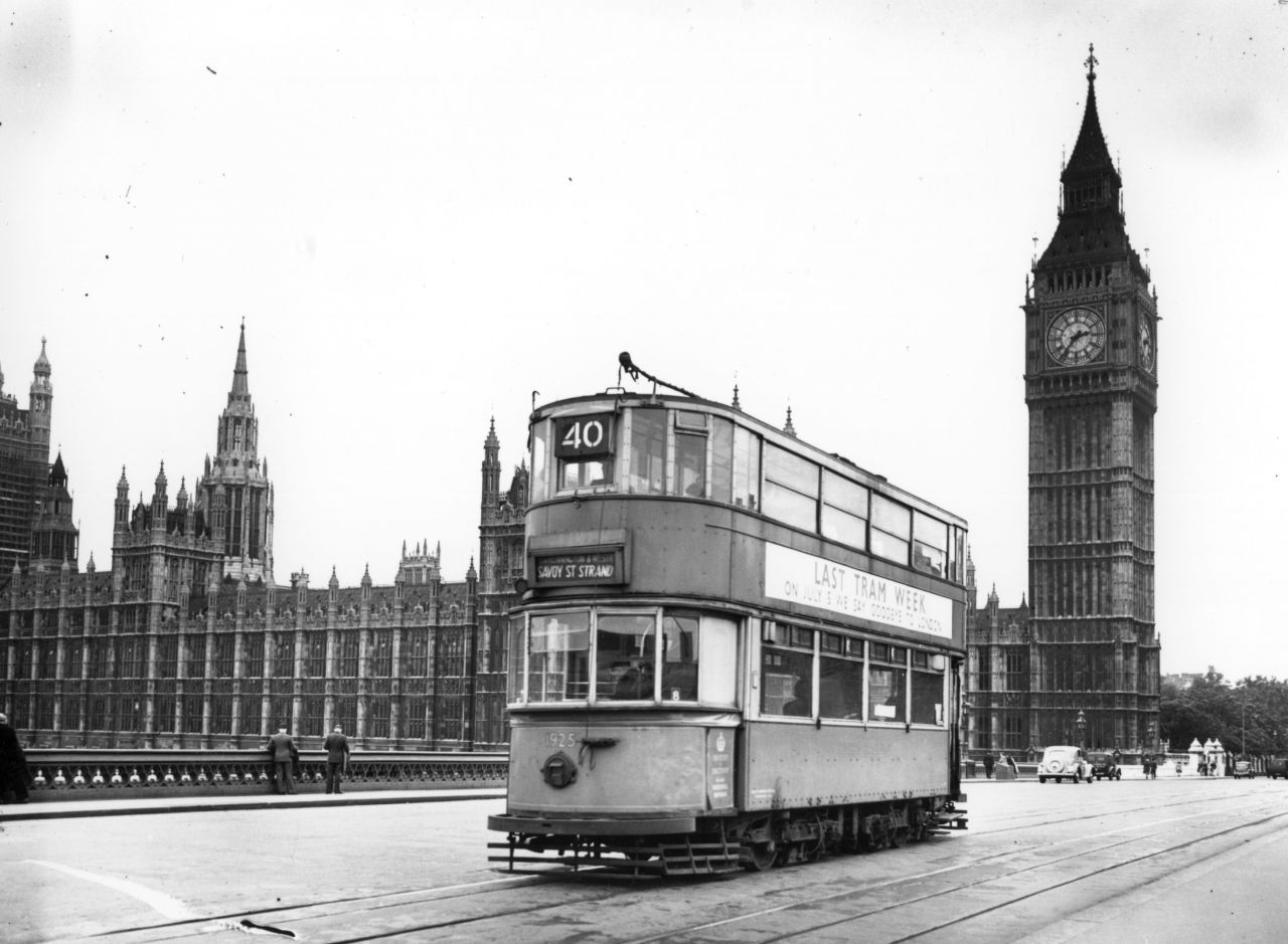 One of the last trams to run in central London pictured crossing Westminster Bridge in 1952.