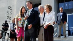 John Edwards addresses the media alongside his daughter and parents Thursday outside of the federal courthouse in Greensboro, North Carolina.