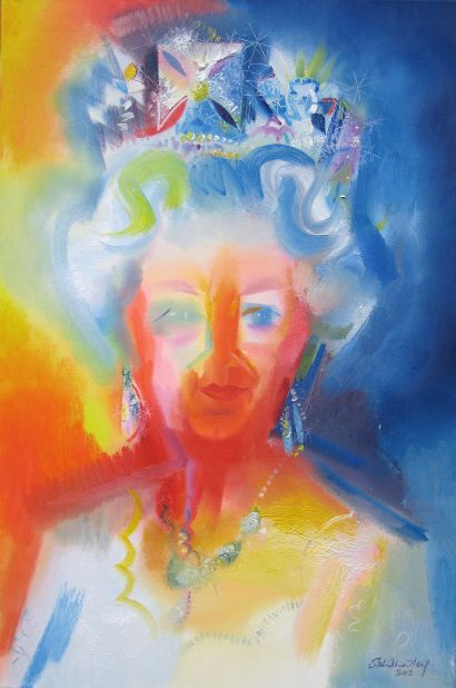 A portrait of the queen by expressionist painter Stephen B. Whatley. Whatley, who has completed several works for the Royal Collections, says he made the queen laugh when he told her how he was locked in the Tower of London to paint the Crown Jewels. "As she moved away, she looked over her shoulder and said: 'I'm pleased they let you out.'" He adds: "She came across with a great humility, open-heartedness and willingness to learn."
