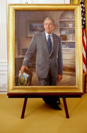 The portrait of Bush shows a 1929 Western painting, "A Charge to Keep," over the president's right shoulder. According to the White House, Bush often called attention to that painting and its significance.