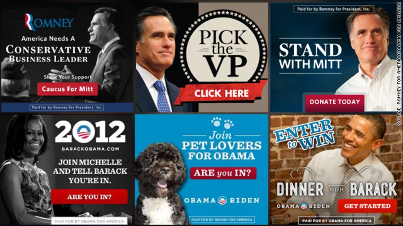 Both campaigns have spent millions on Internet ads. Mitt Romney's tend to feature images of the candidate with messages like "Ready to Lead," while President Obama's stand in stark contrast with images of the first lady, the first family or even their dog, Bo.