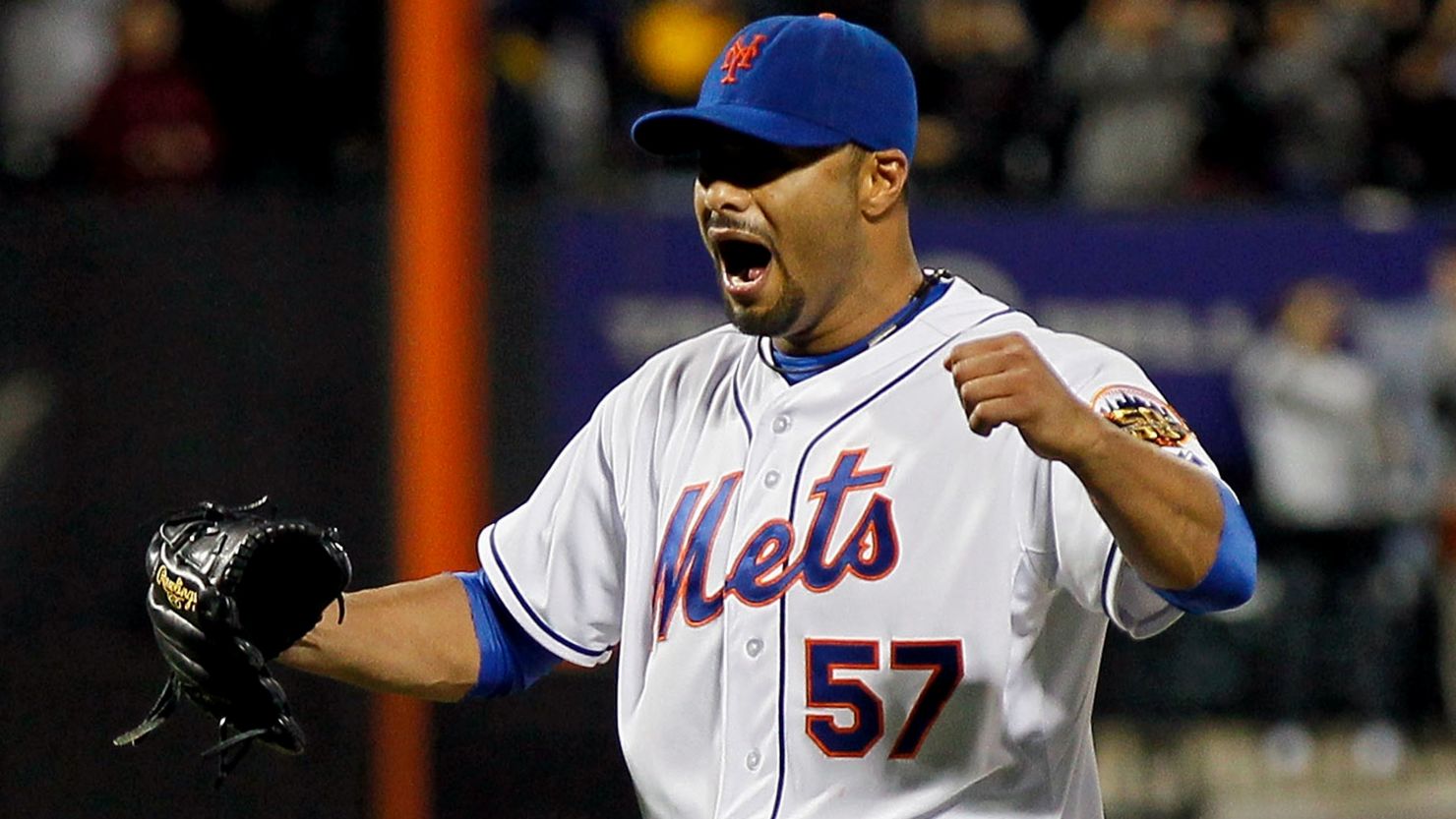 Johan Santana exults after striking out the last batter to secure his and the Mets' first no-hitter.