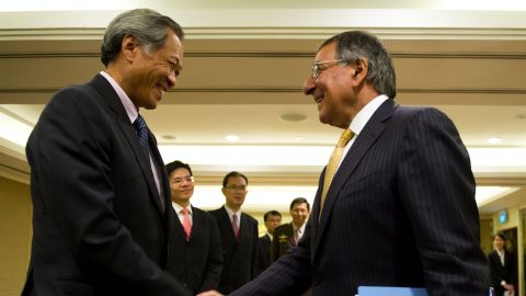 U.S. Defense Secretary Leon Panetta, right, shakes hands Saturday with Singapore Defense Minister Ng Eng Hen in Singapore.