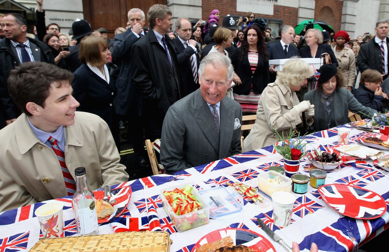 Prince Charles, Prince of Wales and Camilla, Duchess of Cornwall attend the "Big Jubilee Lunch'" in Piccadilly ahead of the Diamond Jubilee River Pageant.