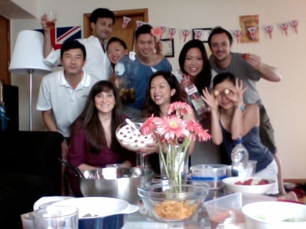 Britons around the world celebrate the queen's 60-year milestone by throwing street parties and jubilee events at home. Here a group of expatriates living in Hong Kong celebrate the Diamond Jubilee with a British-themed dinner of Coronation chicken salad and Toad in the Hole.