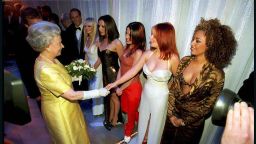 In 2001, the Queen met girlband sensation the Spice girls after a variety performance in London. Here she shakes Geri 'ginger spice' Halliwell's hand as the rest of the group look on. 