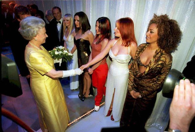 In 2001, the queen met girlband sensation the Spice girls after a variety performance in London. Here she shakes Geri 'ginger spice' Halliwell's hand as the rest of the group look on. 